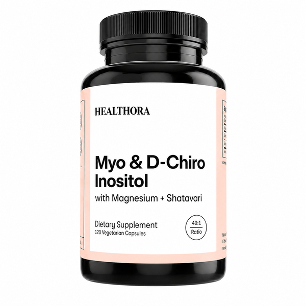HEALTHORA Myo-Inositol & D-Chiro Inositol Supplement with Magnesium, Shatavari, Rhodiola, 30 Servings. Supports Ovarian Function, Hormone Balance, Homocysteine Levels, Womens Fertility (40:1 Ratio, 120 Vegetarian Capsules)