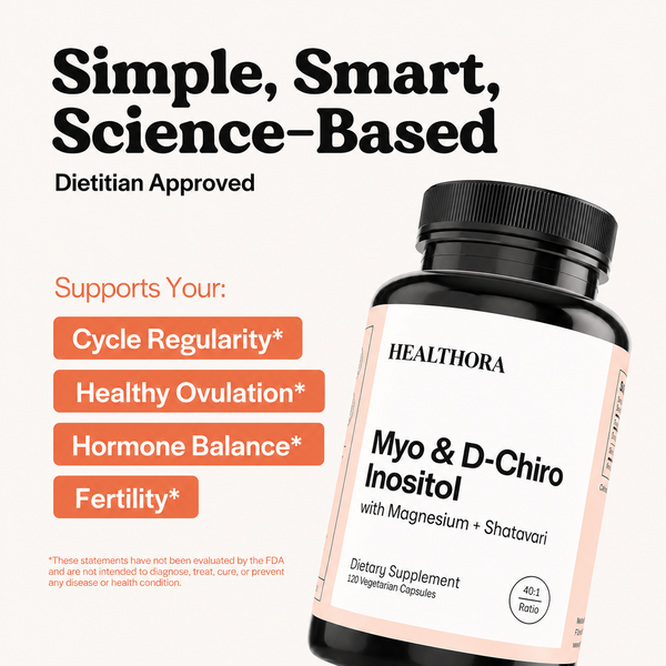 HEALTHORA Myo-Inositol & D-Chiro Inositol Supplement with Magnesium, Shatavari, Rhodiola, 30 Servings. Supports Ovarian Function, Hormone Balance, Homocysteine Levels, Womens Fertility (40:1 Ratio, 120 Vegetarian Capsules)