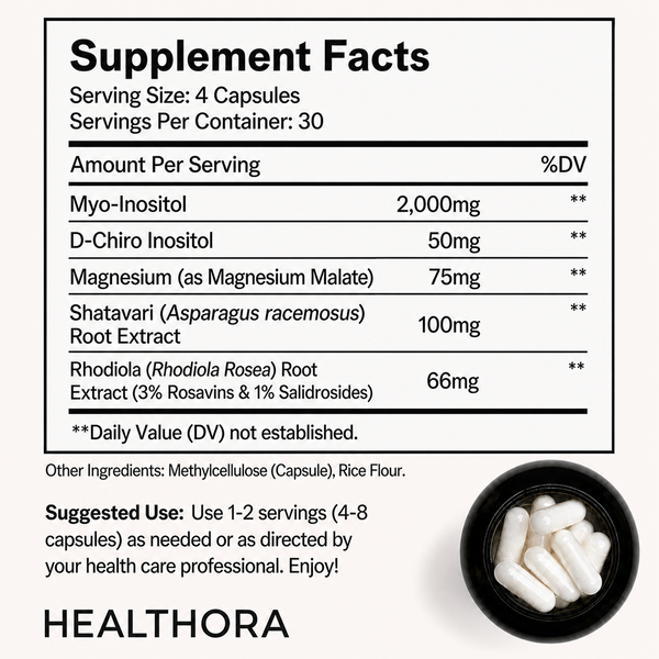 HEALTHORA Myo-Inositol & D-Chiro Inositol Supplement with Magnesium, Shatavari, Rhodiola, 30 Servings. Supports Ovarian Function, Hormone Balance, Homocysteine Levels, Womens Fertility (40:1 Ratio, 120 Vegetarian Capsules)